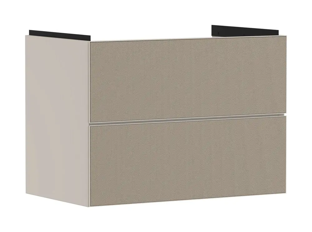 Waschtischunterschrank in sandbeiger Matt-Optik von Hansgrohe mit zwei Schubkästen, geeignet für Waschtischmontage. Minimalistisches Design ohne sichtbare Griffe.
